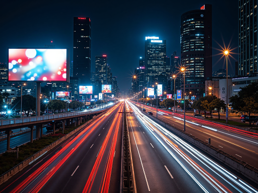 现代城市建筑夜景,高楼大厦灯火通明,车流轨迹形成光带,深蓝色夜空背景,都市繁华景象