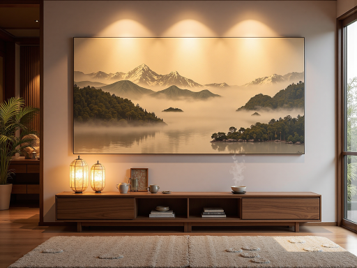 山川湖泊风景照,远山云雾缭绕,湖水清澈倒影,日出金色阳光洒向大地,天空渐变色彩丰富